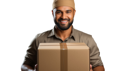 A man lifting a cardboard box, representing efficient moving or delivery operations, isolated on transparent background.