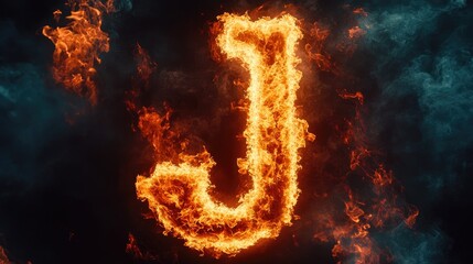 Letter J photo with flames on a dark background, suitable for bold and creative prints.