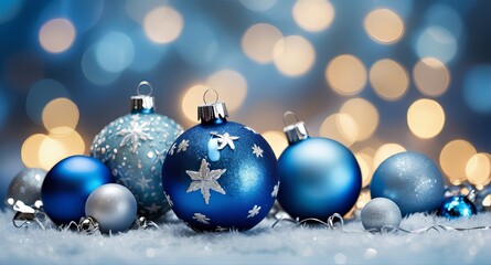Fototapeta premium Eleganckie, niebieskie i srebrne ozdoby świąteczne, zdobione płatkami śniegu, umieszczone na błyszczącej, świątecznej powierzchni