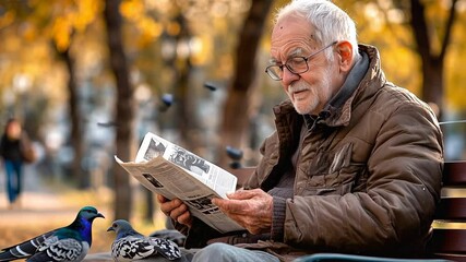 Elderly man reading newspaper in autumn park surrounded by pigeons enjoying peaceful morning