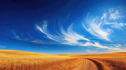 Fototapeta premium A beautiful photograph of a golden wheat field under a clear blue sky with thin clouds and a dusty path leading to a quiet horizon.