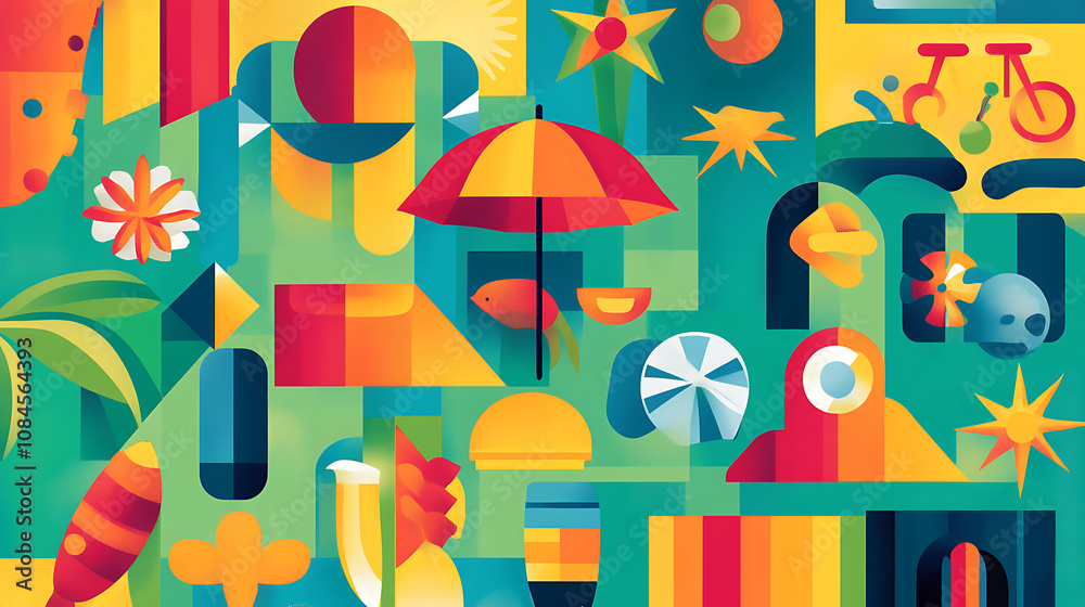 Aufkleber Vibrant and colorful flat design with various icons representing summer background is filled with geometric shapes in bright colors captures the essence of summer fun