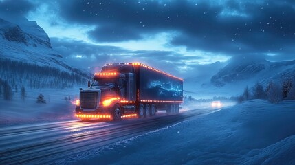 Truck driving through glowing neon winter blue landscape