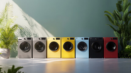 A 3D render image of a row of washing machines in various colors that illustrates the energy efficiency concept and scale