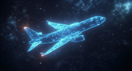 A digital representation of an airplane soaring through a starry space filled with vibrant colors