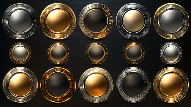 A collection of medals logos features shiny round awards in gold, silver, and bronze metallic colors, offering luxurious frames and decoration emblems as isolated abstract graphic design templates
