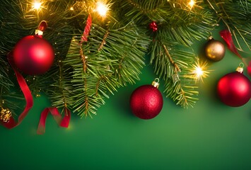 Green Christmas background decoration with space close up 