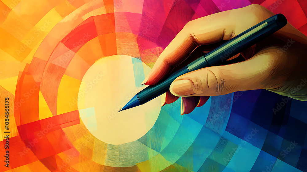 Poster A hand gripping a pen poised to write on a colorful abstract graph, symbolizing the process of sustainability reporting, depicted in a stylized digital illustration