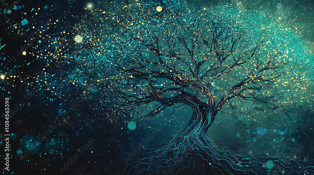 Fototapete A digital illustration of a tree with branches seamlessly integrated into a complex cyber data network, symbolizing the fusion of nature and technology
