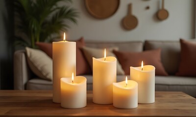  Lit candles on wooden table in cozy living room