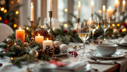 A beautifully set dining table with candles and holiday decorations inviting guests to a festive dinner in a cozy setting during the winter season