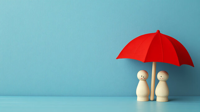 A red toy umbrella and wooden doll figures are isolated against a blue background, depicting the concept of insurance coverage in a playful manner