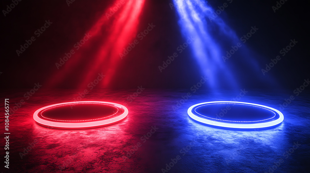 Poster a versus-themed glowing pedestal with flares, symbolizing a battle or competition concept with red a