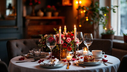 Candid image of a romantic dinner setting with floral centerpiece and candlelight at a cozy restaurant in the evening, featuring elegant tableware and desserts for a special occasion