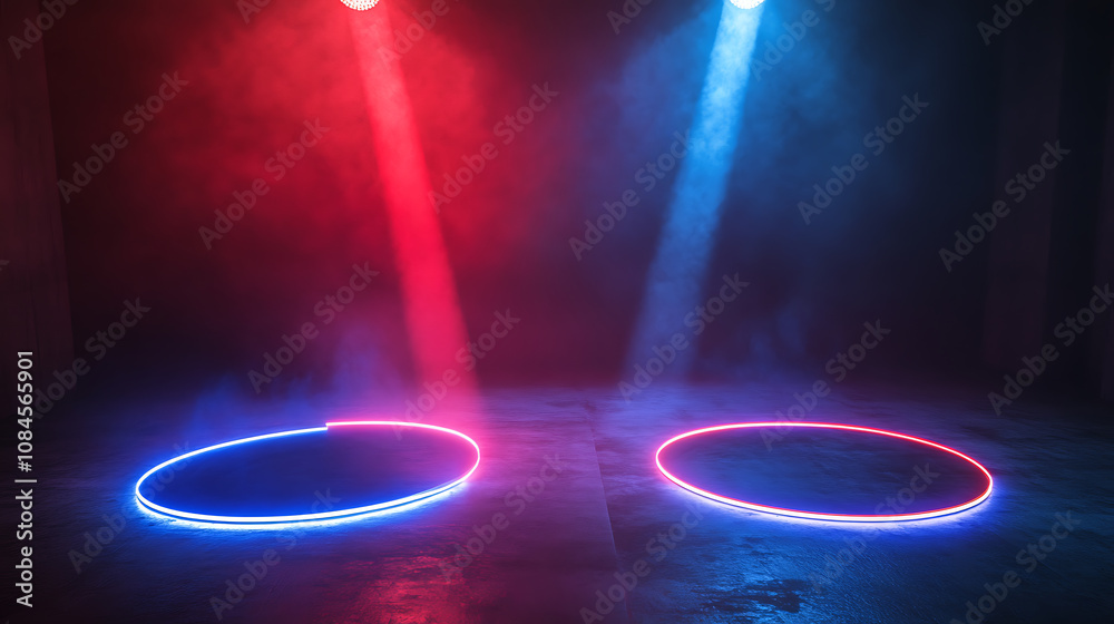 Poster a versus-themed glowing pedestal with flares, symbolizing a battle or competition concept with red a