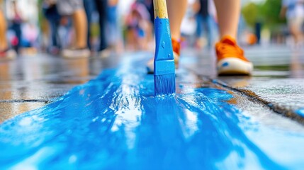 A close-up of a paintbrush creating a vibrant blue streak on a city street, AI