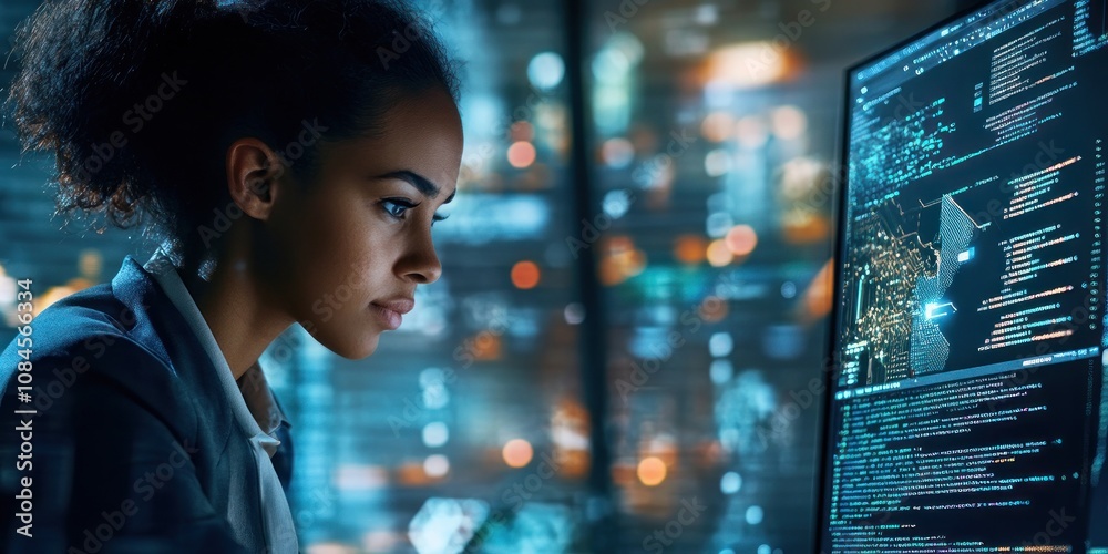 Poster a focused individual analyzing data on a computer screen in a modern workspace.