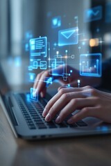 Hands Typing on Laptop with Futuristic Digital Interface Overlay