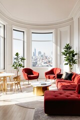 Fototapeta premium Modern Living Room with City Skyline View and Elegant Red Furniture