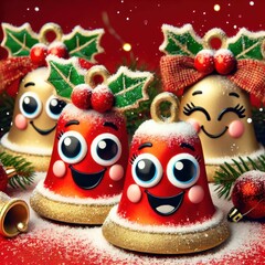 Obraz premium Vibrant and cheerful Christmas bells with smiling faces, surrounded by festive decorations. Perfect for holiday marketing, cards, or social media.