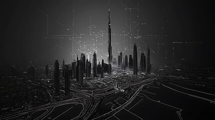 Dubai city map, monochrome images in subtle chiaroscuro style