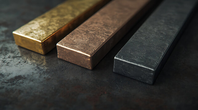 Gold, silver, and bronze metal bars are represented in editable ingots, allowing for customization in design projects