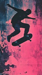 Skateboarder silhouetted against vibrant pink and blue graffiti wall, AI
