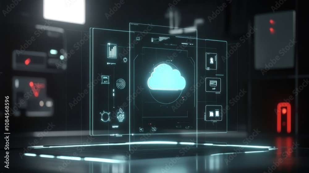 Poster a digital interface displaying cloud storage features and options in a futuristic setting.