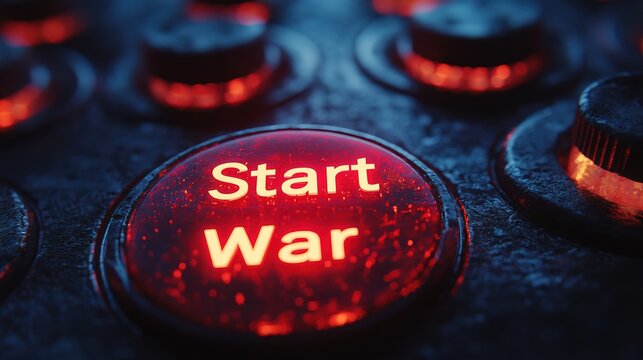 A glowing red "Start War" button set against dark backgrounds - Powered by Adobe