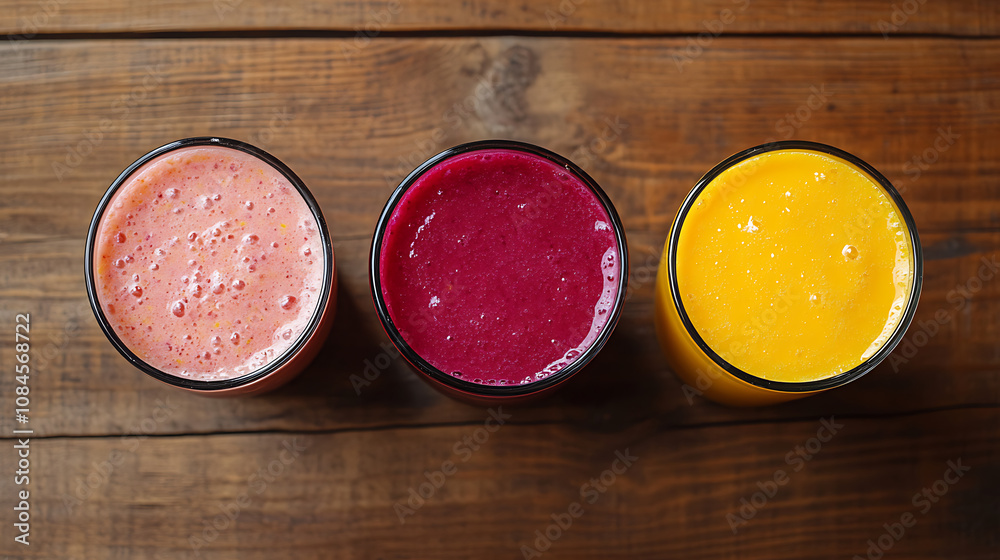 Poster mango smoothies, juice and fruit mango from the wood background from the top view