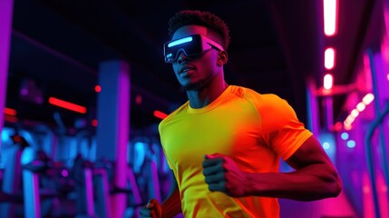 Obraz premium A person wearing VR goggles runs in a neon-lit gym, blending fitness with technology.
