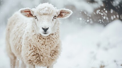 Fototapeta premium A fluffy white lamb stands in a snowy field, looking directly at the camera with big, curious eyes. The snow falls softly around the lamb, creating a peaceful winter scene.
