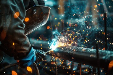Welder at Work on Infrastructure Project with Sparks Flying for Industrial Design and Engineering Concepts