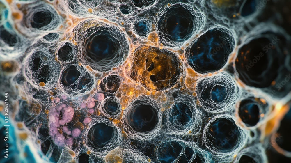 Leinwandbilder This view reveals intricate cellular arrangements with distinct cavities and colorful fibers visible within a biological sample. Generative AI