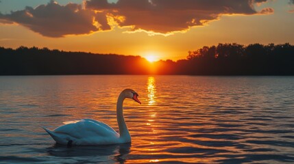 Fototapeta premium A graceful white swan swims in a tranquil lake at sunset, the golden light reflecting off the water.