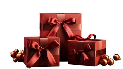 Versatile red boxes with black and red ribbons, perfect for all occasions, isolated on transparent background.