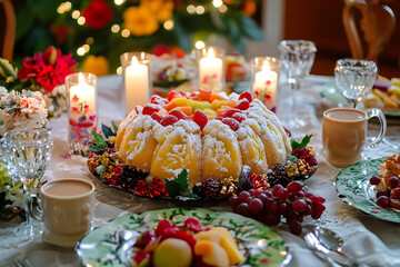 cozy room with a beautifully set table for Epiphany Three Kings Day, featuring a traditional Rosca de Reyes almond cake as the centerpiece. This festive setup captures the warmth and joy of holiday ce