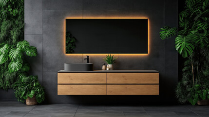 Modern bathroom interior with LED-lit mirror, wooden vanity, and lush green plants against dark textured walls.