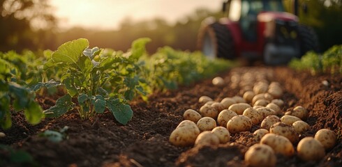 Farmers harvest fresh potatoes in a sunny field with a tractor during the evening golden hour