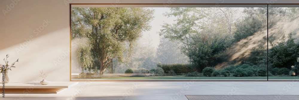 Poster this living room features a spacious design with a large window that provides a beautiful view of a 