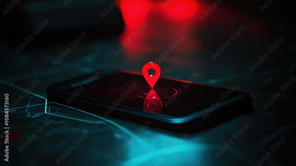 Poster a smartphone displaying a red location pin on a dark surface, suggesting navigation or mapping.
