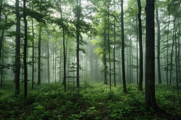 Mysterious Morning in a Foggy Forest for Serene and Calming Nature Themes