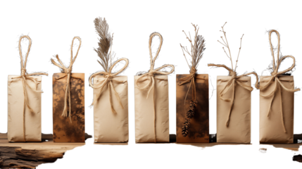 A set of twine-tied Christmas gift tags, adding a rustic feel to your festive wrapping, isolated on transparent background.