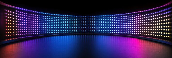 Authentic concave LED display for a wall or platform. Large TV display depicted in a vector illustration with neon blue and purple dot lights. Stadium digital scoreboard with diode lights