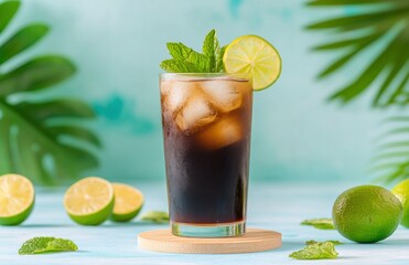 Refreshing iced drink with lime and mint served on a summer day surrounded by tropical greenery