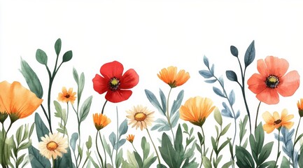 Fototapeta premium Colorful watercolor flowers blooming in a garden with vibrant foliage and a light background