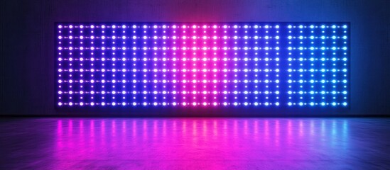Authentic concave LED display for a wall or platform. Large TV display depicted in a vector illustration with neon blue and purple dot lights. Stadium digital scoreboard with diode lights