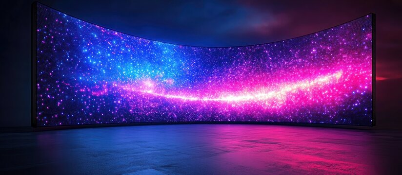 Authentic concave LED display for a wall or platform. Large TV display depicted in a vector illustration with neon blue and purple dot lights. Stadium digital scoreboard with diode lights