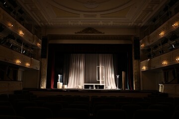 Different furniture and other decor on stage in theatre