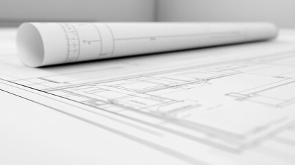 A rolled blueprint rests on architectural plans, showcasing design and construction details.